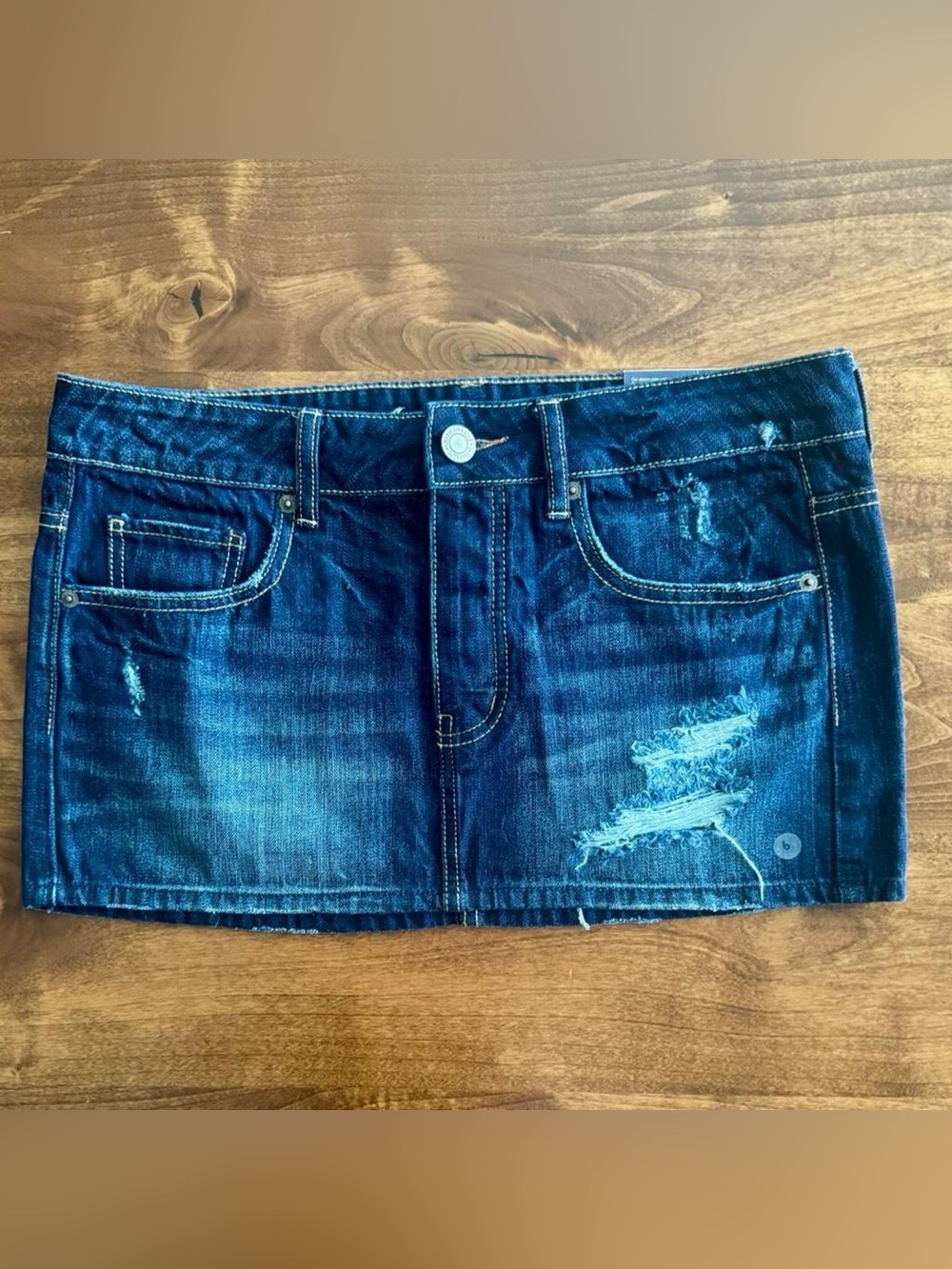NWT American Eagle Y2K Distressed Dark Wash Low Rise Denim Micro Mini Skirt 6